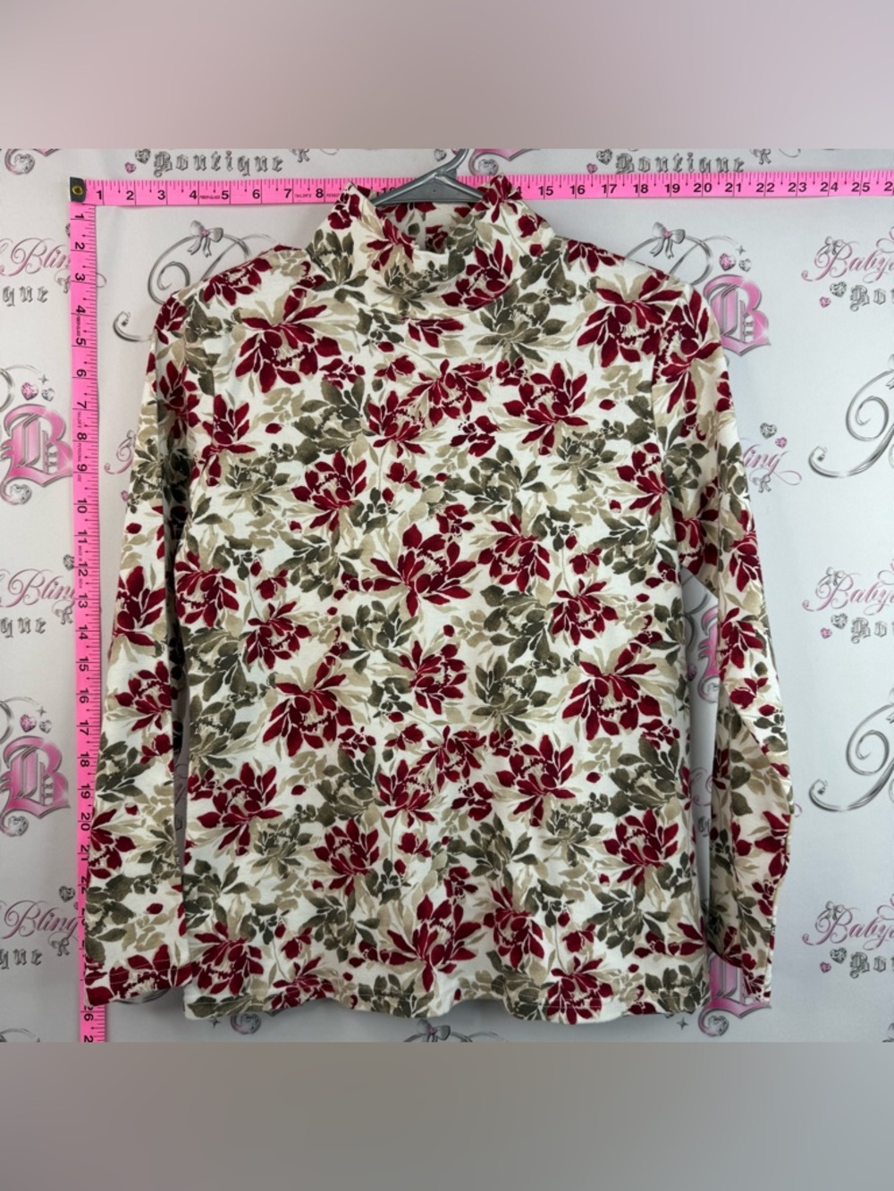 Karen Scott shirt Cream Floral Mock Neck Long Sleeve Top with Red & Olive Print
